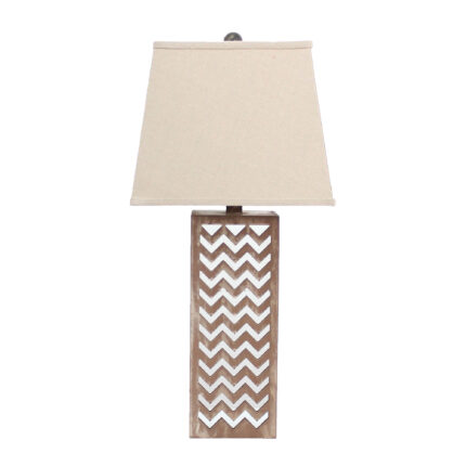 28" Distressed Natural And Silver Metal Bedside Lamp With Beige Cone Shade - Image 3