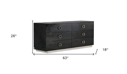 63" Black Six Drawer Shagreen Faux Croc Double Dresser - Image 5