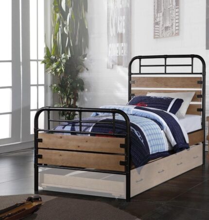 Black And Oak Shiplap Texture Wood and Metal Twin Bed Frame - Image 6