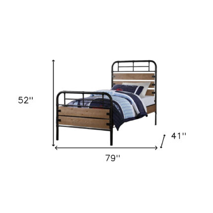 Black And Oak Shiplap Texture Wood and Metal Twin Bed Frame - Image 7