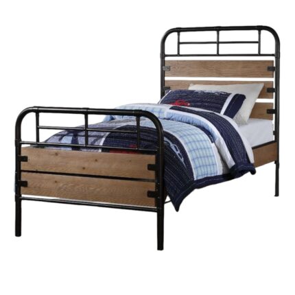 Black And Oak Shiplap Texture Wood and Metal Twin Bed Frame - Image 3