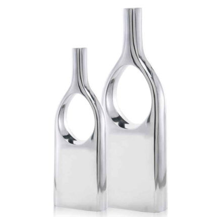 Set of Two Silver Aluminum Modern Hole Table Vases - Image 3