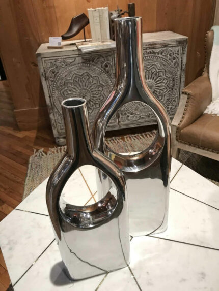 Set of Two Silver Aluminum Modern Hole Table Vases - Image 6