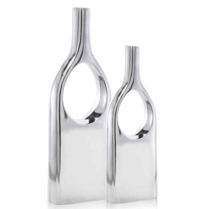 Set of Two Silver Aluminum Modern Hole Table Vases - Image 5