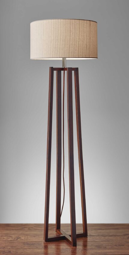 60" Brown Solid Wood Novelty Floor Lamp With Beige Fabric Drum Shade - Image 6