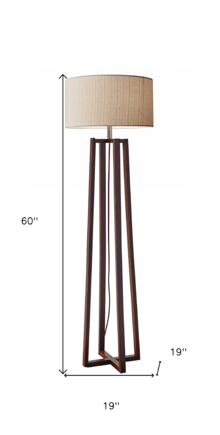 60" Brown Solid Wood Novelty Floor Lamp With Beige Fabric Drum Shade - Image 7