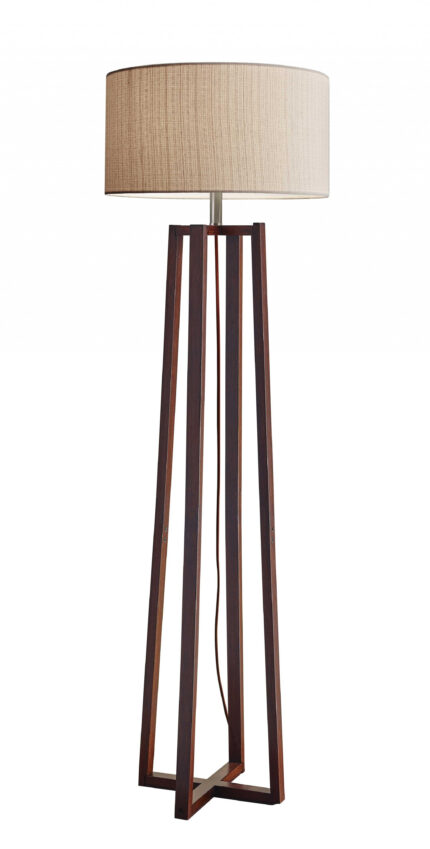 60" Brown Solid Wood Novelty Floor Lamp With Beige Fabric Drum Shade - Image 5