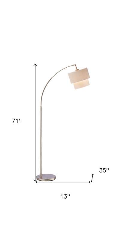 71" Silver Adjustable Arched Floor Lamp With White And Natural Fabric Drum Shade - Image 9
