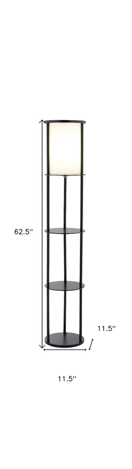 63" Black Wood Column Floor Lamp With White Fabric Cylinder Shade - Image 8