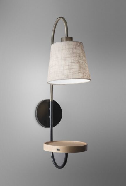 Antique Brass And Black Metal Wall Lamp With Usb Charging Station Wood Shelf - Image 8