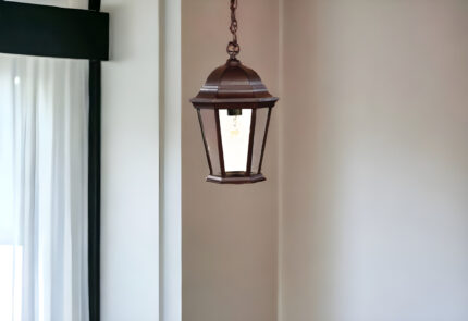 Brown Lantern Beveled Metal Dimmable Chandelier With Clear Shades - Image 1