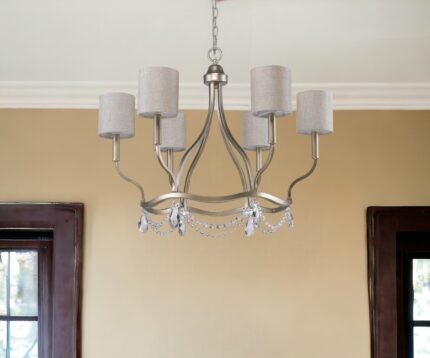 Gold Candle Style Six Light Metal Dimmable Chandelier With White Shades - Image 1