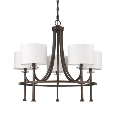 Brown Candle Style Five Light Metal and Crystals Dimmable Chandelier With White Shades - Image 3