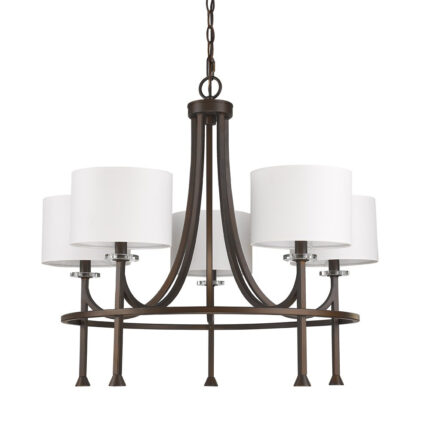 Brown Candle Style Five Light Metal and Crystals Dimmable Chandelier With White Shades - Image 1