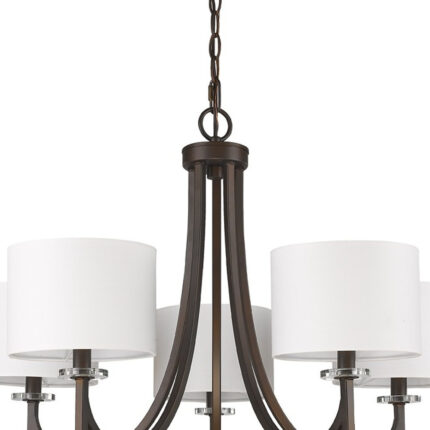 Brown Candle Style Five Light Metal and Crystals Dimmable Chandelier With White Shades - Image 4