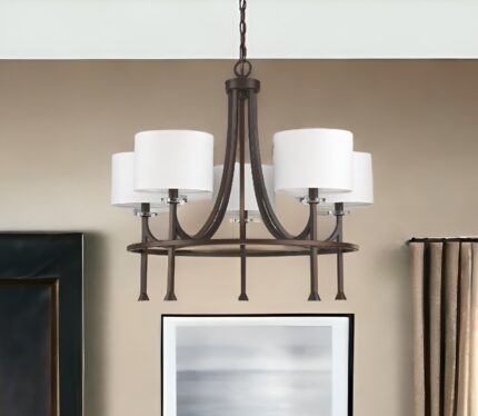 Brown Candle Style Five Light Metal and Crystals Dimmable Chandelier With White Shades - Image 2