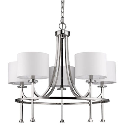 Silver Candle Style Five Light Metal and Crystals Dimmable Chandelier With White Shades - Image 3
