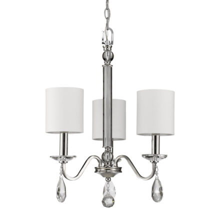 Silver Candle Style Three Light Metal and Crystals Dimmable Chandelier With White Shades - Image 3
