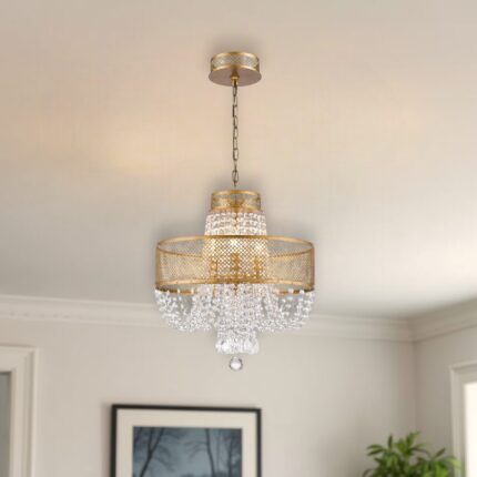 Gold Four Light Metal and Crystals Dimmable Chandelier With Shades - Image 1