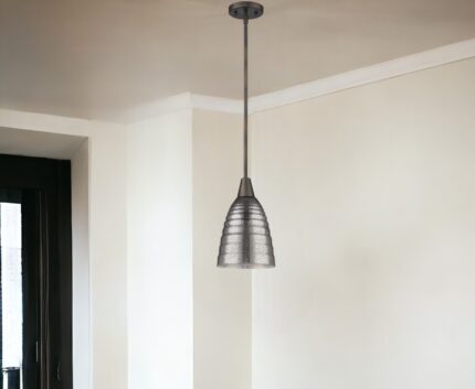 Bronze Hanging Light with Ribbed Pebbled Glass Shade - Image 2