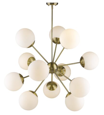 Brass Sputnik Twelve Light Frosted Metal Dimmable Chandelier With White Shades - Image 4
