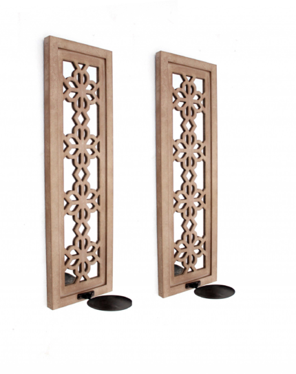 Set of Two Tan Lattice Wall Sconce Candle Holders - Image 3