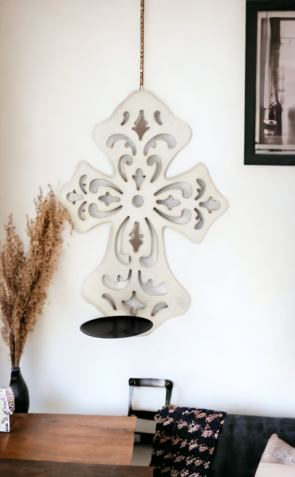 15.5 X 5 X 11 White Wooden Cross - Candle Holder Sconce - Image 3