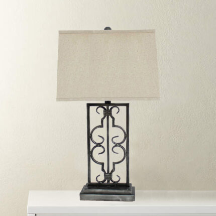 29" Distressed Gray Metal Bedside Lamp With Beige Shade - Image 6