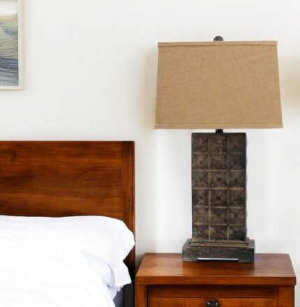 30" Distressed Bronze Metal Bedside Lamp With Khaki Shade - Image 2