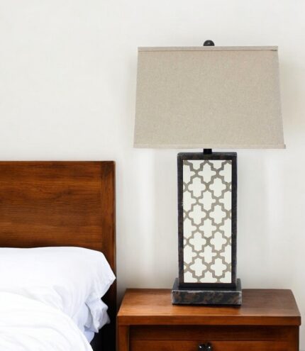 30" Distressed Bronze Metal Bedside Lamp With Beige Shade - Image 2