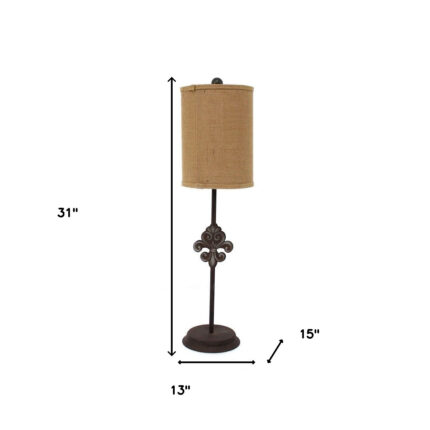 31" Black Fleur de Lis Metal Table Lamp With Natural Burlap Shade - Image 5