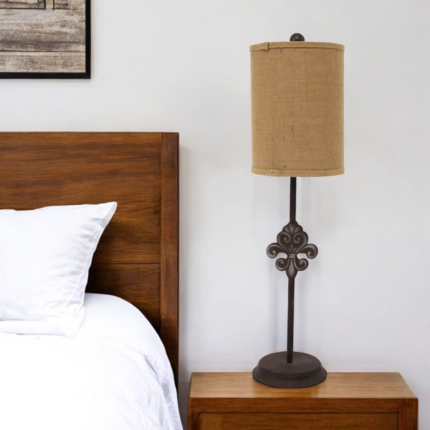 31" Black Fleur de Lis Metal Table Lamp With Natural Burlap Shade - Image 1