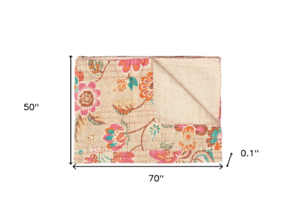 50" X 70" Beige Pink Orange and Green Cotton Kantha Floral Throw Throw Blanket with Embroidery - Image 7