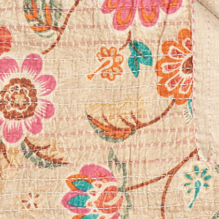 50" X 70" Beige Pink Orange and Green Cotton Kantha Floral Throw Throw Blanket with Embroidery - Image 5