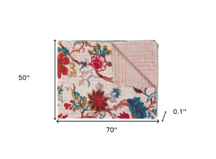 50" X 70" Pink and Red Kantha Cotton Floral Throw Blanket with Embroidery - Image 6