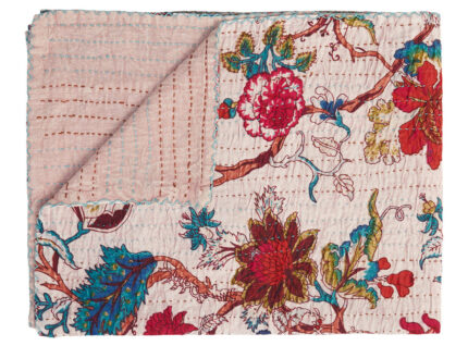 50" X 70" Pink and Red Kantha Cotton Floral Throw Blanket with Embroidery - Image 4