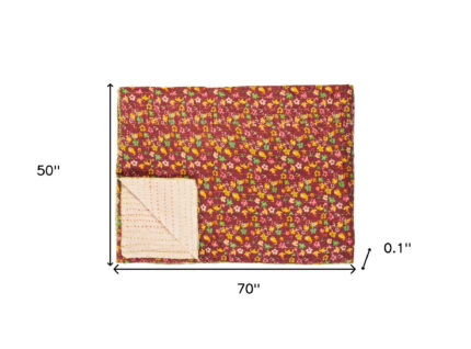 50" X 70" Maroon Yellow and Green Kantha Cotton Floral Throw Blanket with Embroidery - Image 7
