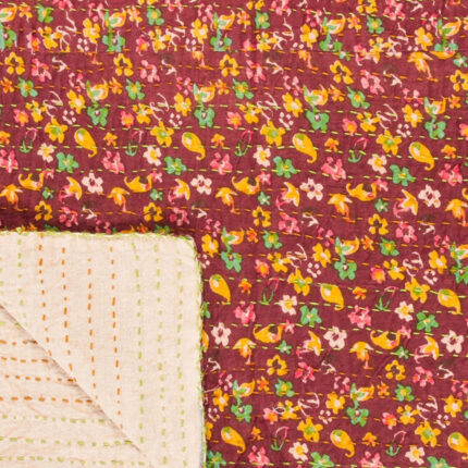 50" X 70" Maroon Yellow and Green Kantha Cotton Floral Throw Blanket with Embroidery - Image 6