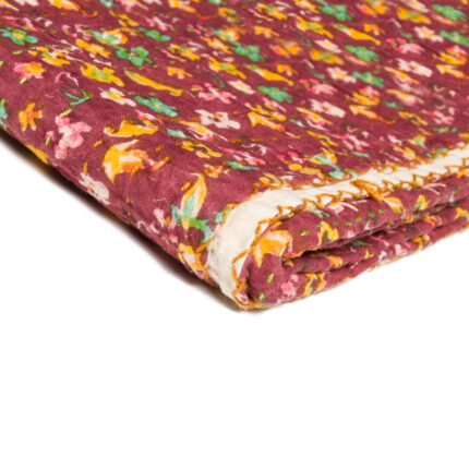 50" X 70" Maroon Yellow and Green Kantha Cotton Floral Throw Blanket with Embroidery - Image 5