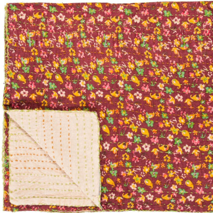 50" X 70" Maroon Yellow and Green Kantha Cotton Floral Throw Blanket with Embroidery - Image 4