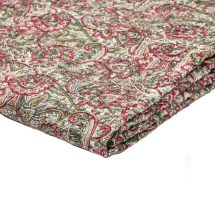 50" X 70" Green and Red Kantha Cotton Damask Throw Blanket with Embroidery - Image 3