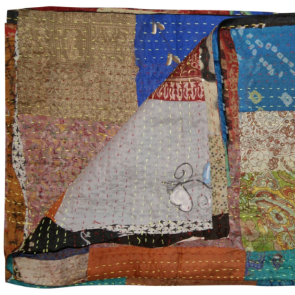 60" X 90" Blue Brown And Green Patchwork Cotton Quilted Kantha Throw Blanket with Embroidery - Image 3