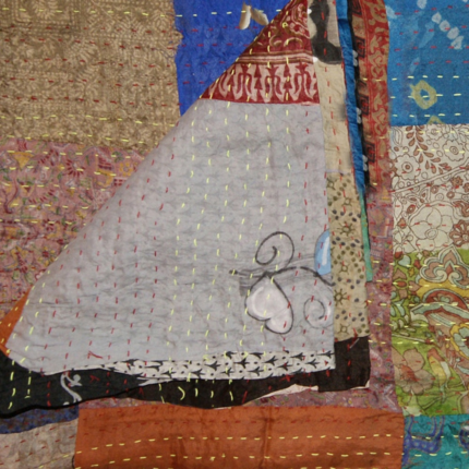 60" X 90" Blue Brown And Green Patchwork Cotton Quilted Kantha Throw Blanket with Embroidery - Image 4