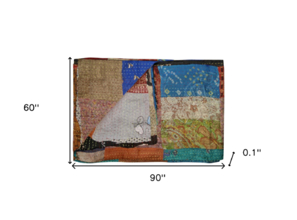 60" X 90" Blue Brown And Green Patchwork Cotton Quilted Kantha Throw Blanket with Embroidery - Image 5