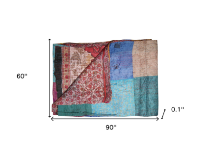 60" X 90" Blue Brown and Green Kantha Cotton Patchwork Throw Blanket with Embroidery - Image 5