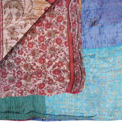 60" X 90" Blue Brown and Green Kantha Cotton Patchwork Throw Blanket with Embroidery - Image 4