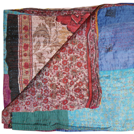 60" X 90" Blue Brown and Green Kantha Cotton Patchwork Throw Blanket with Embroidery - Image 3