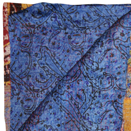 60" X 90" Blue and Yellow Kantha Cotton Patchwork Throw Blanket with Embroidery - Image 4