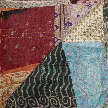 60" X 90" Blue Black and Brown Kantha Cotton Patchwork Throw Blanket with Embroidery - Image 4