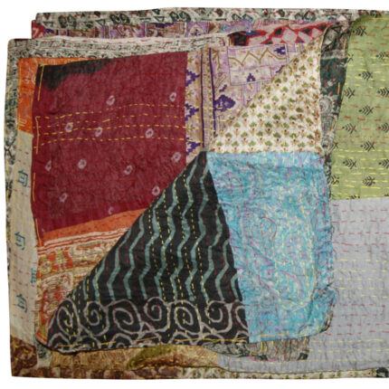 60" X 90" Blue Black and Brown Kantha Cotton Patchwork Throw Blanket with Embroidery - Image 3